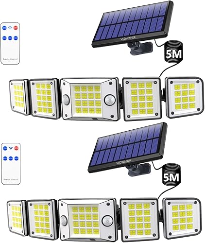 Luces solares para exteriores de 240 2 con sensor de movimiento, impermeable, 560 LED, panel separado, cable de 16.5 pies, modo de iluminación del