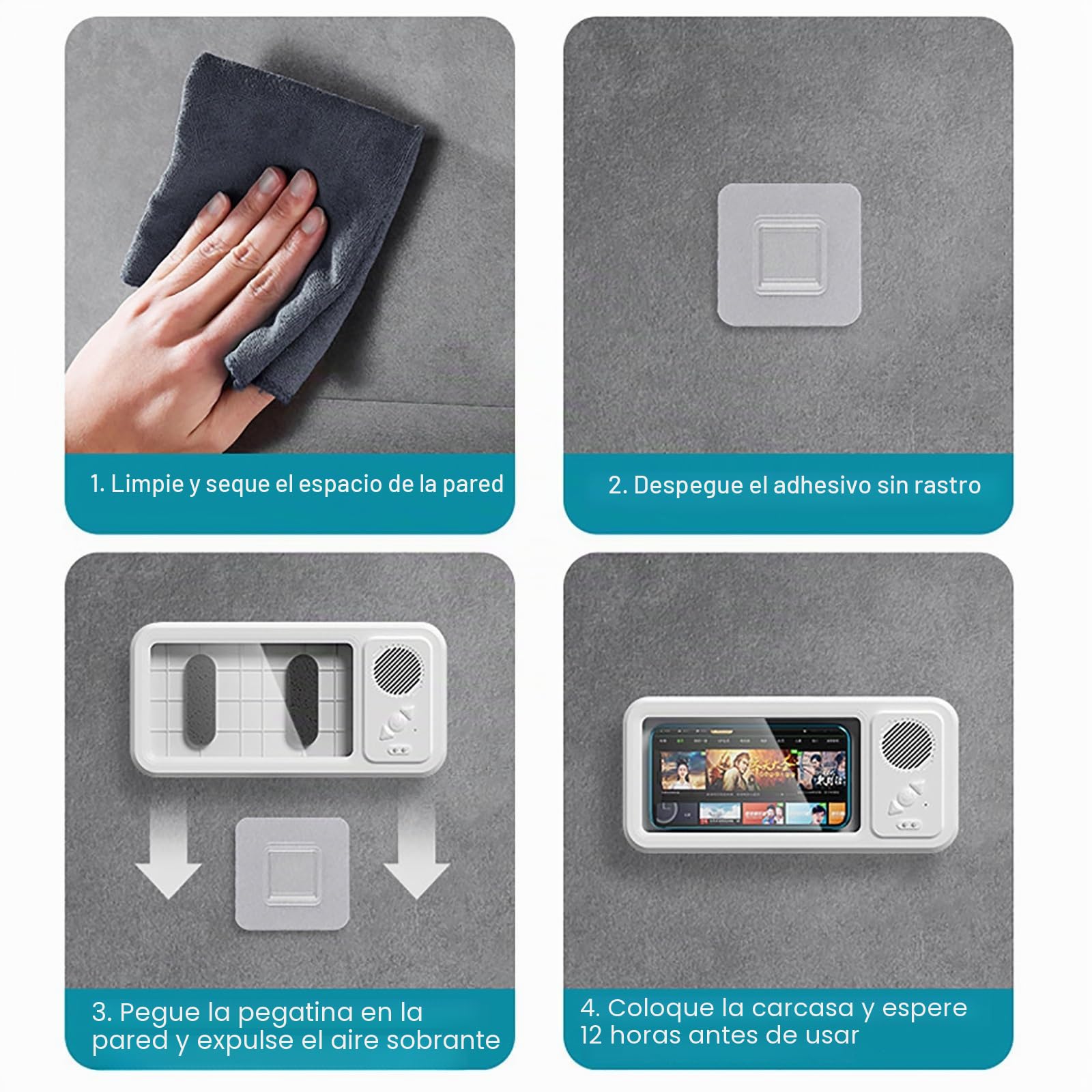 Soporte Para TeléFono Ducha Resistente Al Agua,Con Altavoz Bluetooth InaláMbrico,Funda Para TeléFono Ducha,BañO,Montaje En Pared Para Todos Los TeléFonos MóViles Hasta 7 Pulgadas,Regalos Para Hombres