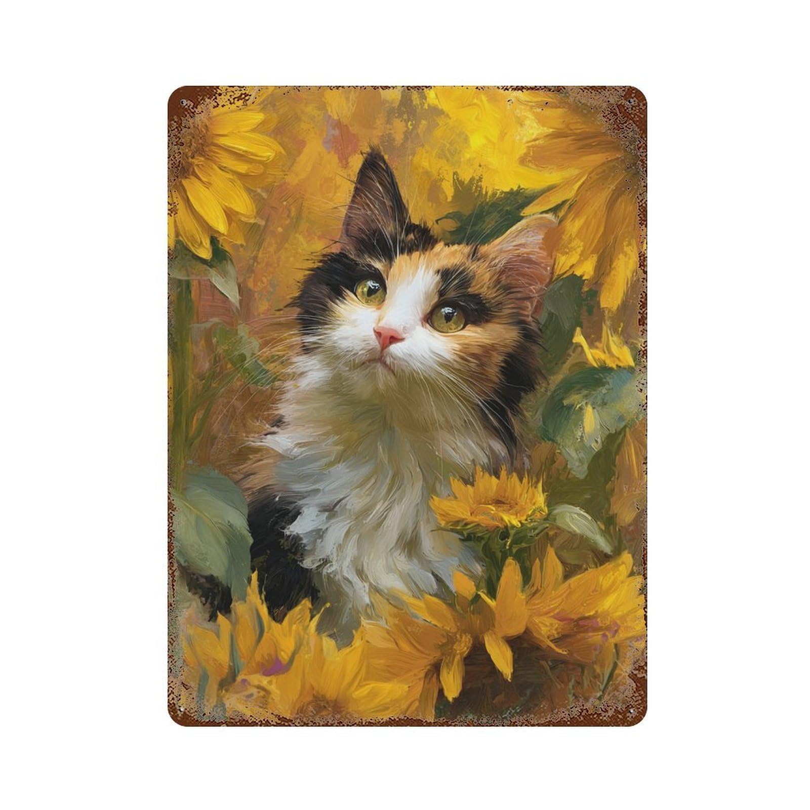 Calico Cat with Sunflowers Vintage Wall Sign 15.7"x11.8", Rust Effect Metal Decor for Cafe, Home Bar And Lounge Decor