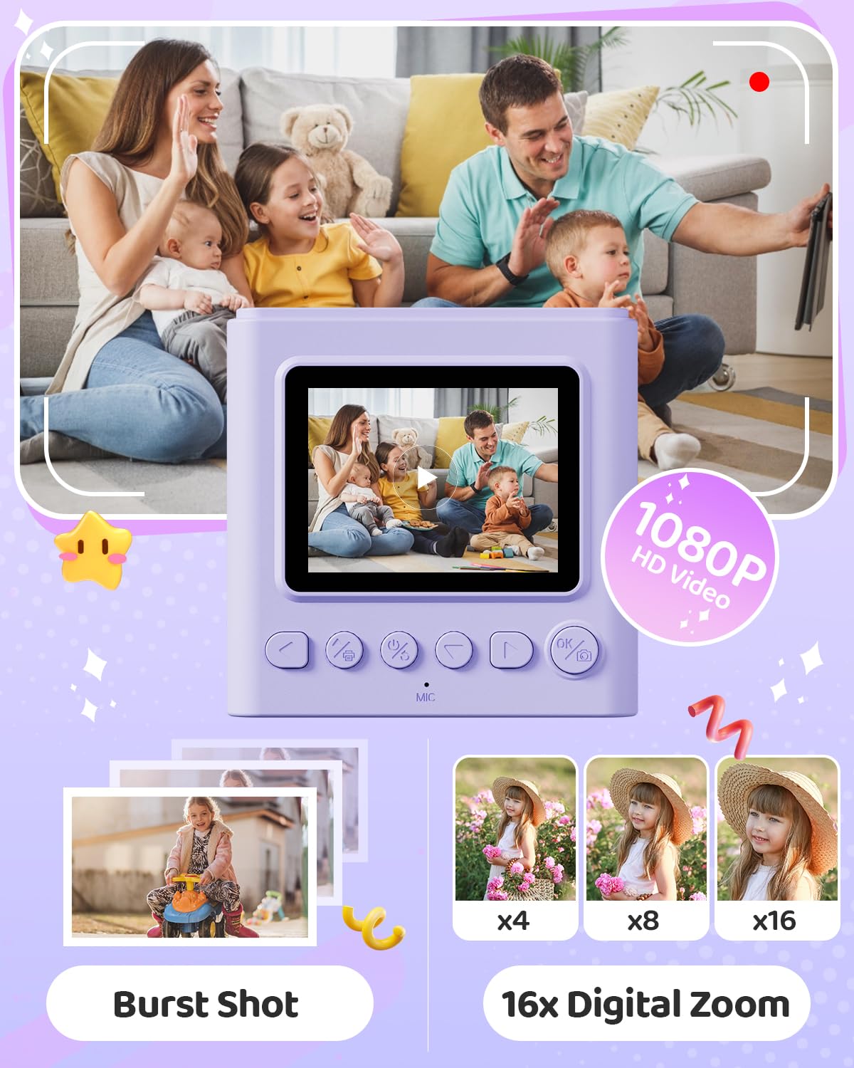 TIATUA Macchina Fotografica Bambini Istantanea, 2.4 Pollici 1080P Fotocamera Digitale Bambini con 32GB Scheda & Papier Photo, Regalo di Natale per Bambini dai 3-12 Anni
