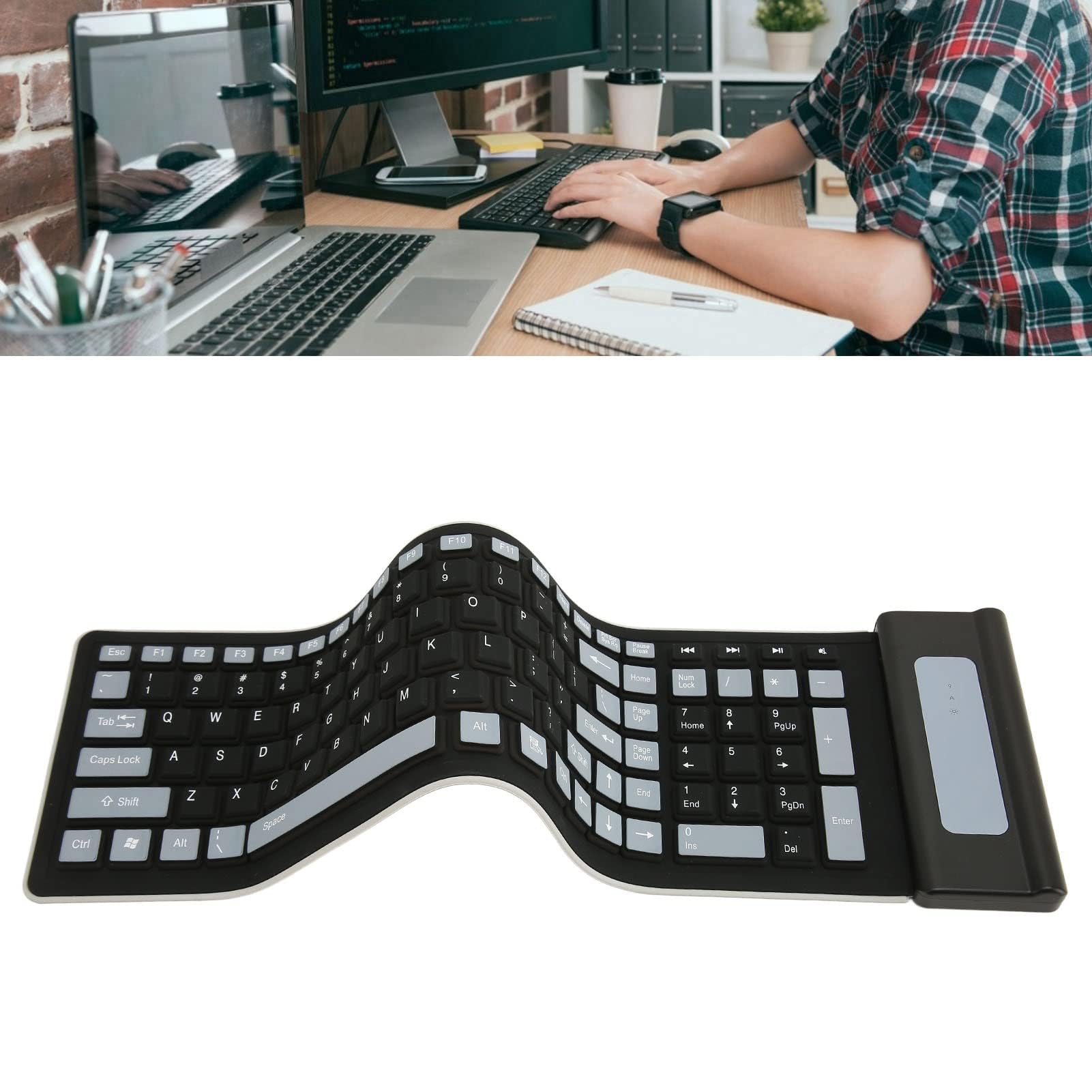 Dpofirs Tastiera Flessibile Pieghevole e Arrotolabile, Tastiera Wireless in Silicone 2.4G Tastiera Portatile per Laptop, PC, Notebook e Viaggi, 103 Tasti Impermeabile Antipolvere (Nero)