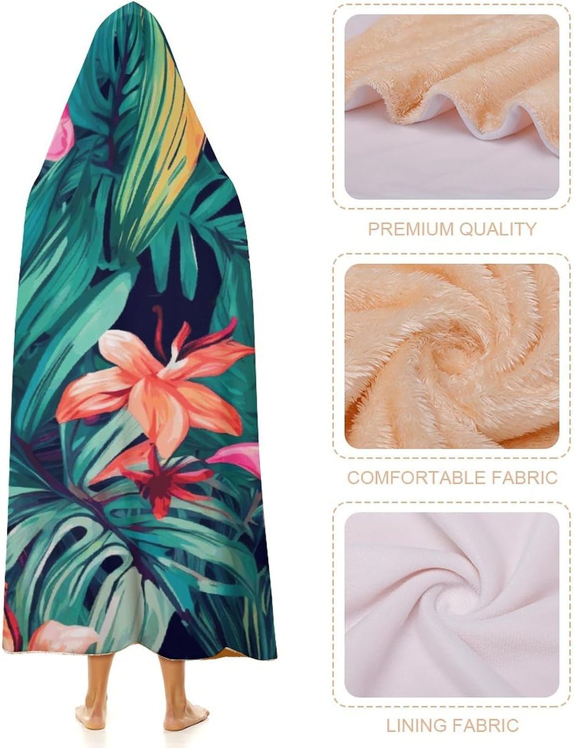 Tropical Floral Leaves Wearable Hooded Blanket, Ultra Soft Arctic Velvet Cape Cloak Unisex - Cozy Wearable Blanket
