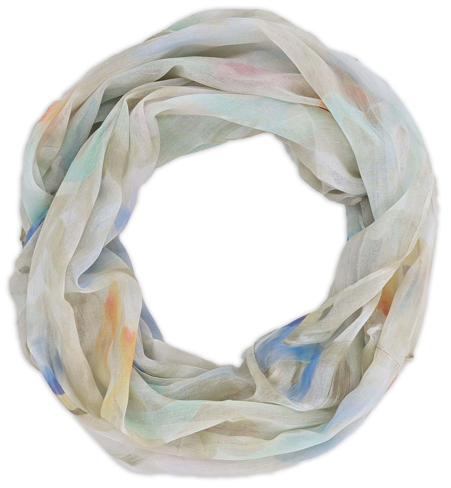 Stylebreaker Women's Beige-Mint Loop Scarf With Brushstroke Heart Pattern | Airy Infinity Scarf | Soft Viscose Neck Scarf For Spring And Summer 79 X 49 Cm, Colour: