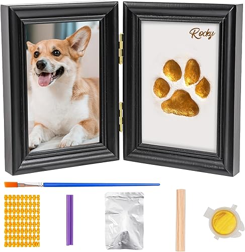 Miniatura 7 de Avont Kit de huellas de patas con marco de fotos y arcilla de impresión, recuerdo de impresión de huellas de patas para perros y gatos, exhibición