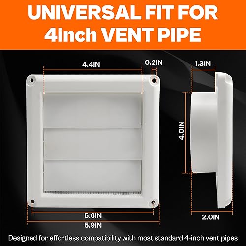 Miniatura 7 de Cubierta de ventilación de plástico de 4 pulgadas para secadora de casa con pantalla de protección de rejilla de plagas incorporada de aluminio,