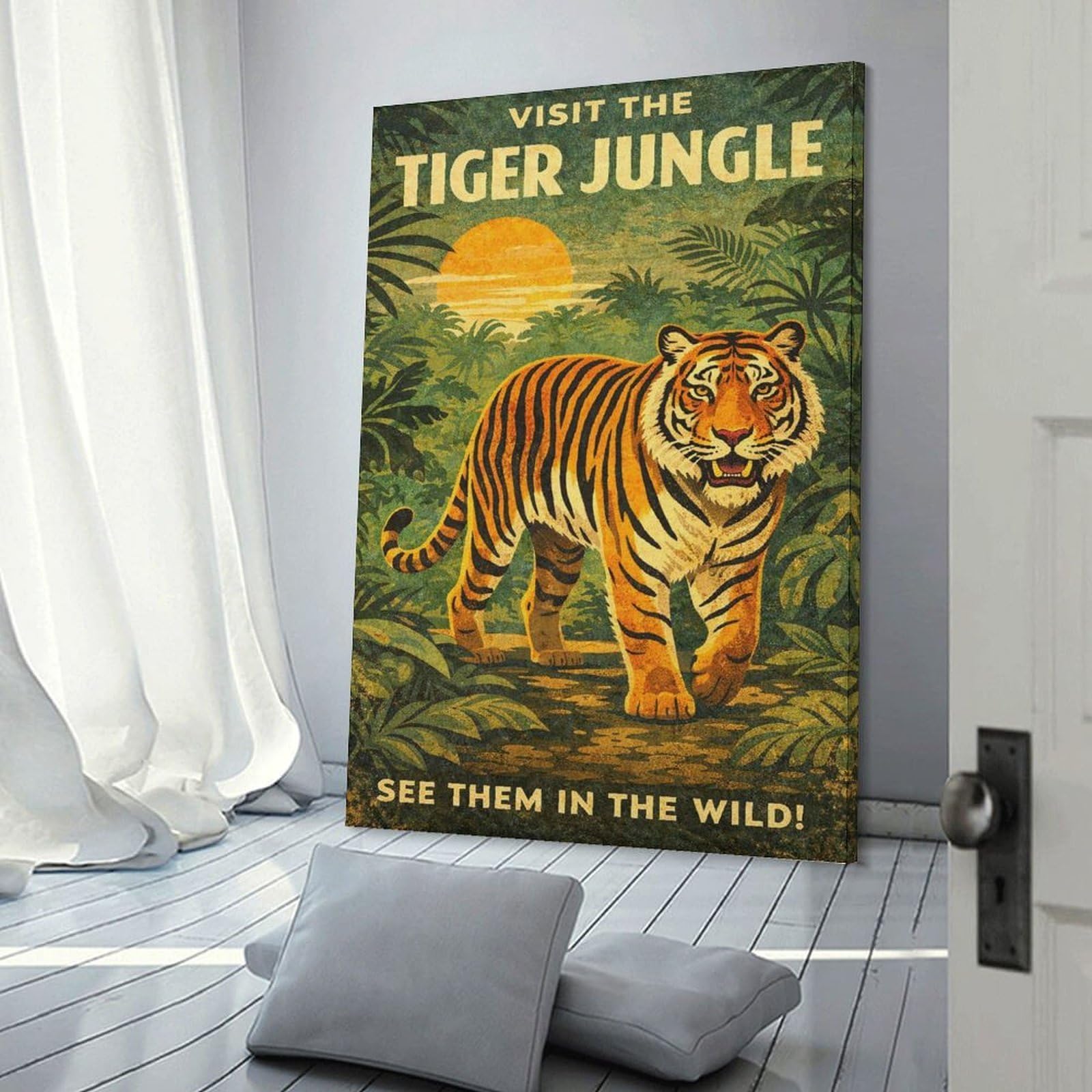 Junmoney Visit The Tiger Jungle Vintage Canvas Wall Picture, 08x12inch(20x30cm), for Entrance Spaces, Stair Walls Or Halls, A Stylish Accent for Home Entrances