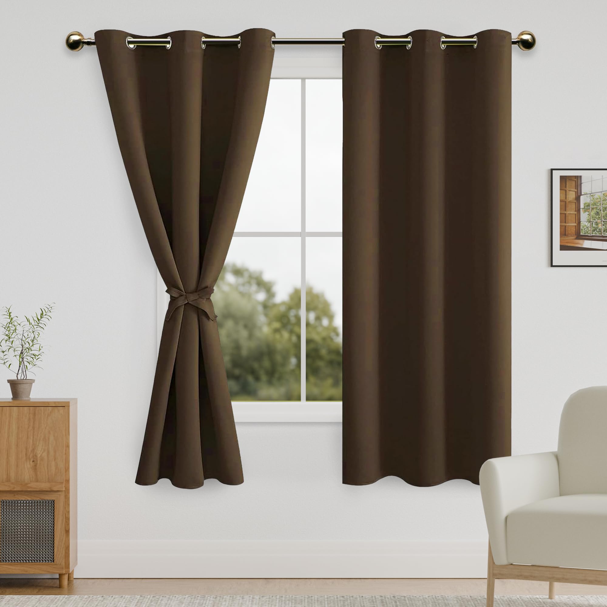 DWCN Blackout Curtains for Bedroom with Tiebacks - Room Darkening Privacy Grommet Top Window Curtains for Living Room, 42 x 63 inch Length, Brown, Set of 2 Panels — image 1