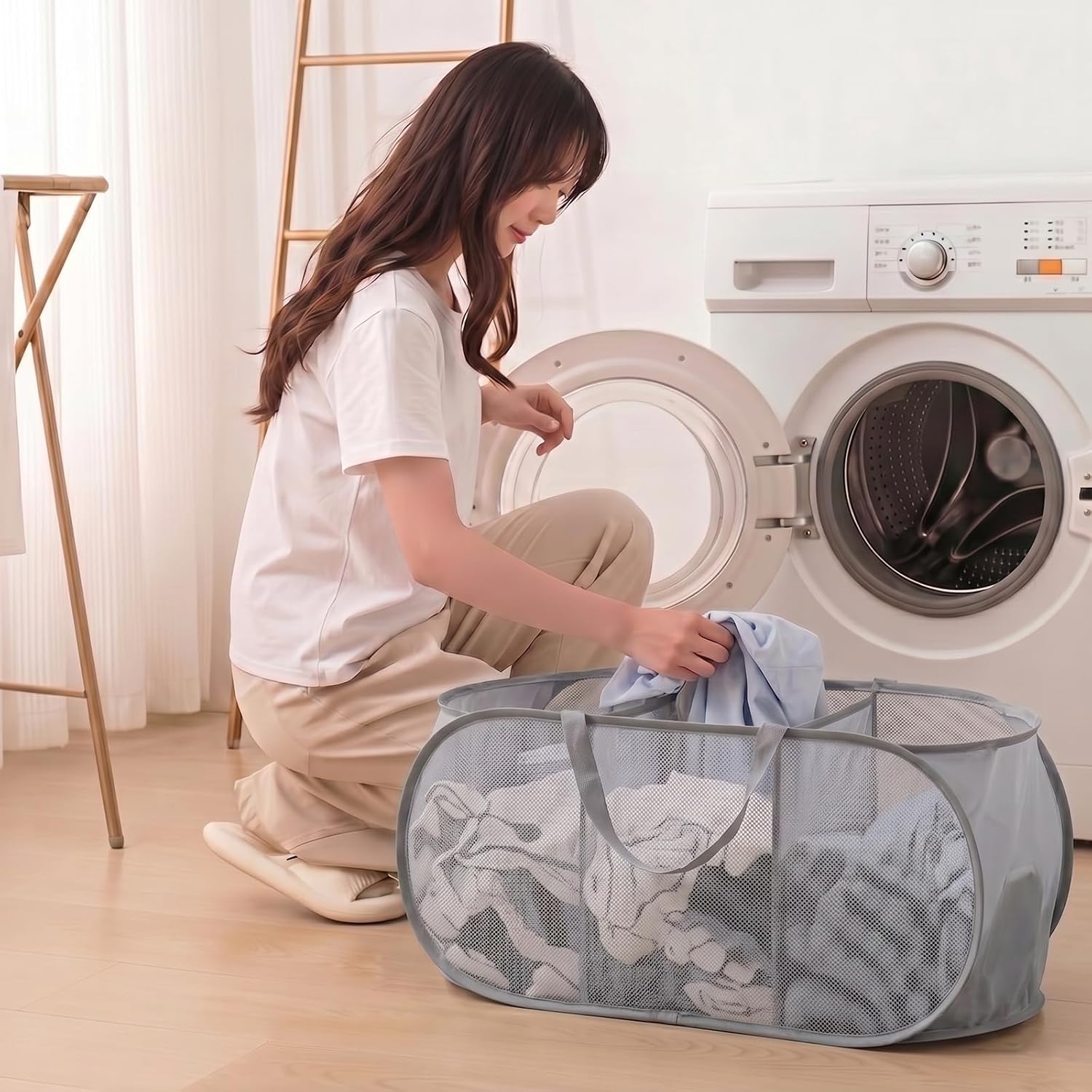 Collapsible Divided Laundry Hamper - Large Capacity Breathable Mesh Laundry Basket with Handles, Home Sorting Storage Bin, Large 31.5"x14"x14"