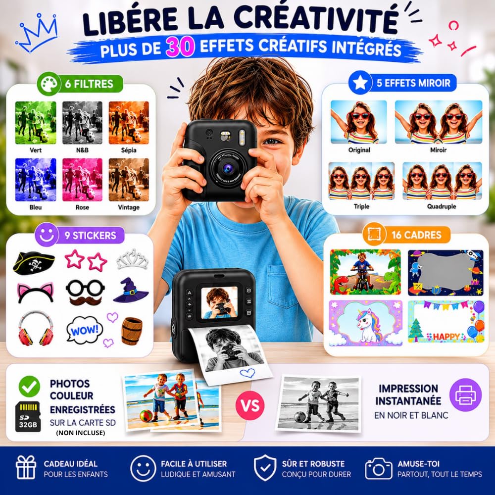 Appareil Photo Instantané Enfant, 2'' Écran HD Impression Immédiate sans Encre avec 4 Rouleaux d'impression Jeux Intégrés et Dessins Cadeau Enfants & Ados 3 à 12 Ans (Noir)