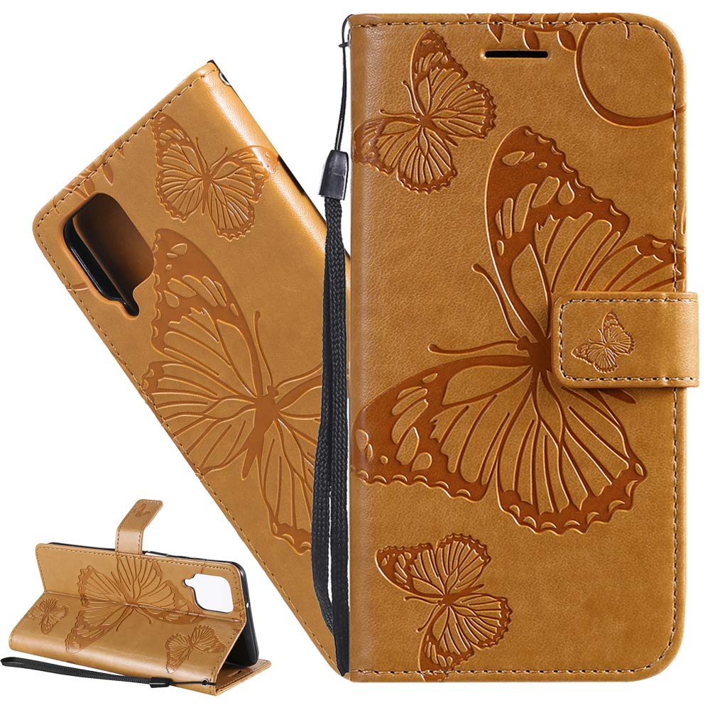 ISADENSER Compatible with Samsung Galaxy A12 Case Butterfly Embossing Design [Kickstand Flip] [Card Slot] [Magnetic Clasp] Flip PU Wallet Phone Case for Samsung Galaxy A12 Yellow Butterfly KT