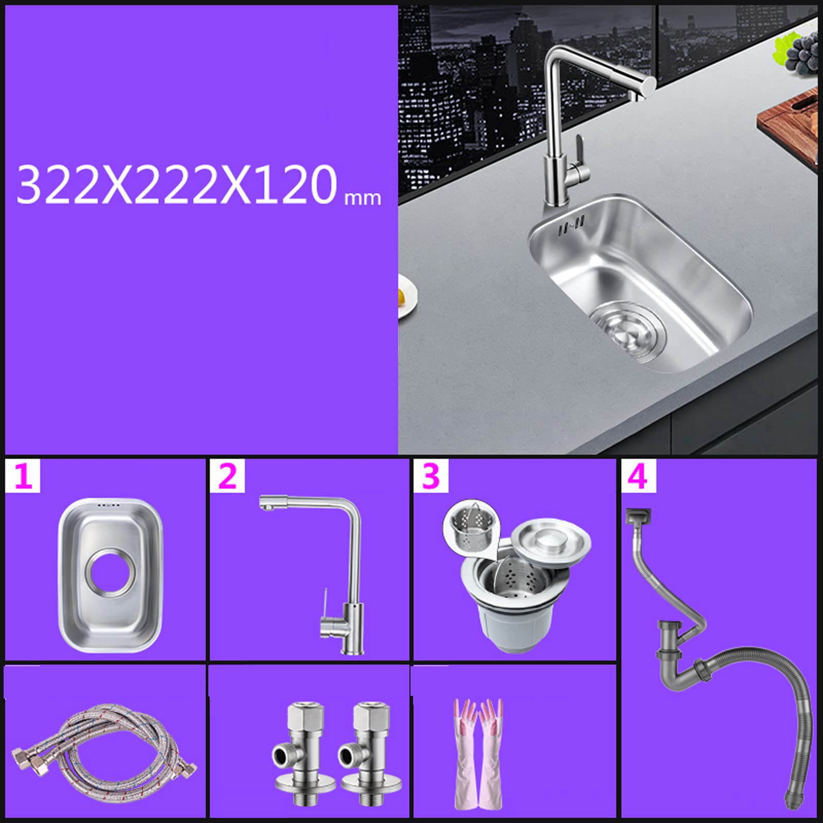 Lavello da Cucina Mono Vasca ad Incasso o da Appoggio Lavello da Balcone in Acciaio Inossidabile 304, Processo di Trafilatura con Rubinetto a 360 ° 32.2 * 22.2cm