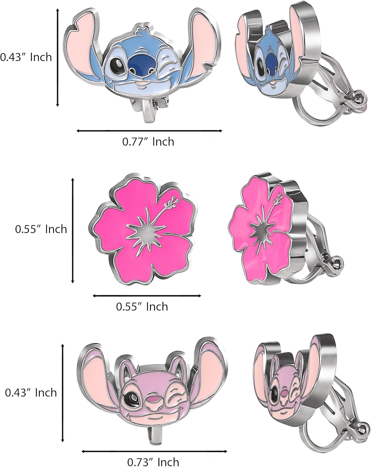 Disney Stitch and Angel Clip-On Earrings Official License, 3-Pack Stitch Gift Set, Mother's Day Earrings