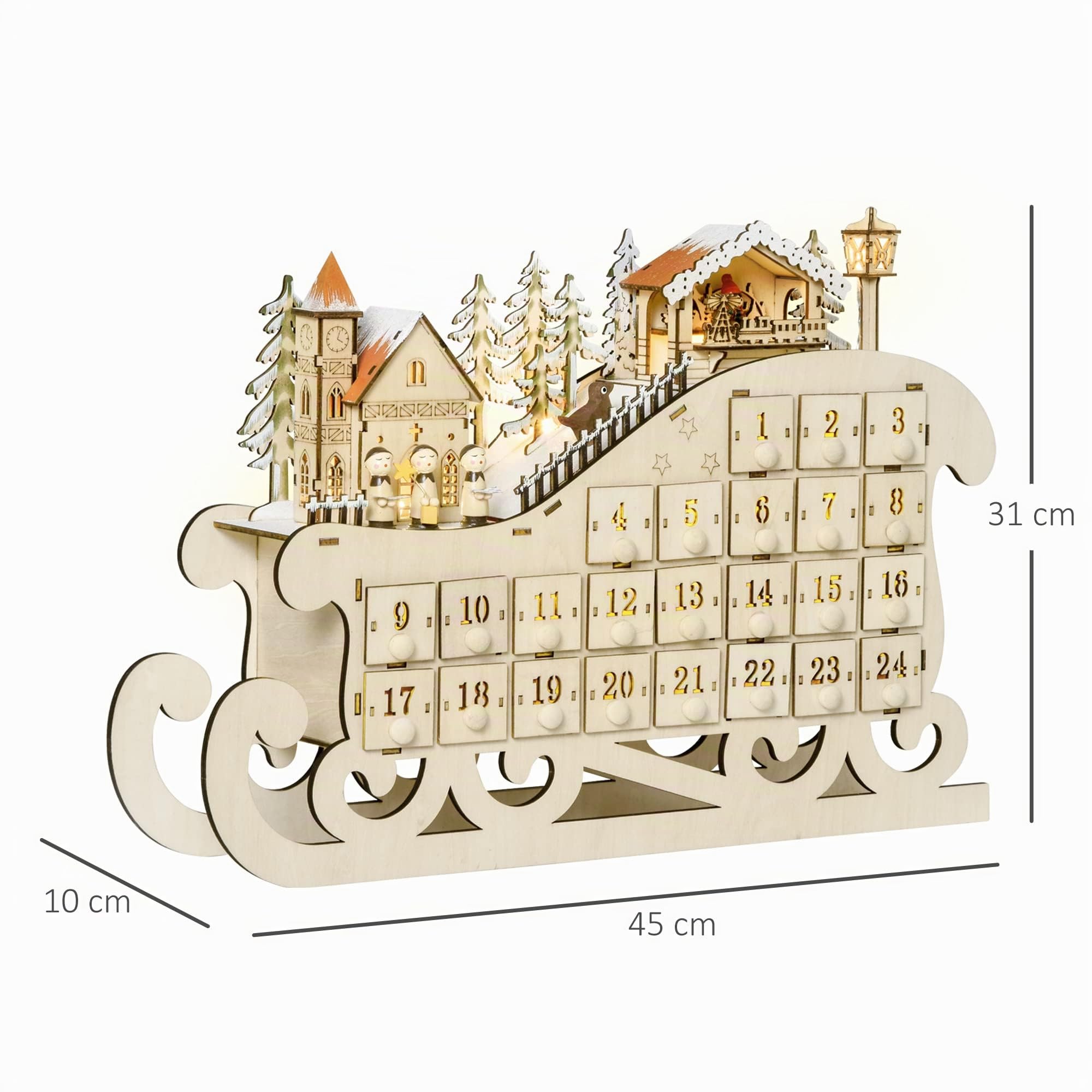 HOMCOM Calendario dell'Avvento in Legno a Slitta 24 Cassetti 45x10x31cm | da Riempire, Decorazioni, Luci a LED