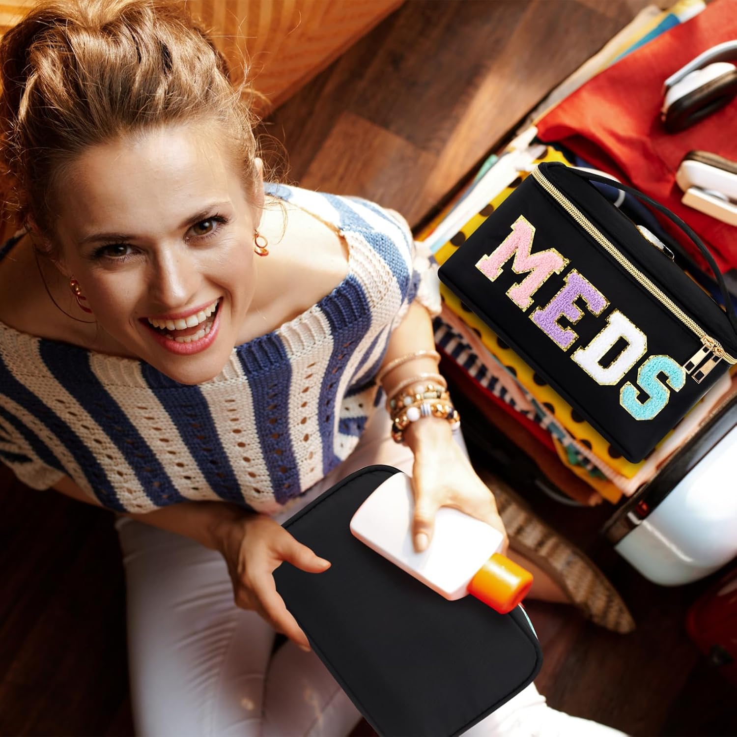 Geetery Clear Makeup Bag Chenille Letter Meds Bag Travel Cases Preppy Patch with Zipper, Portable Cosmetic Toiletry Storage case for Women(Meds,Black) - Image 7