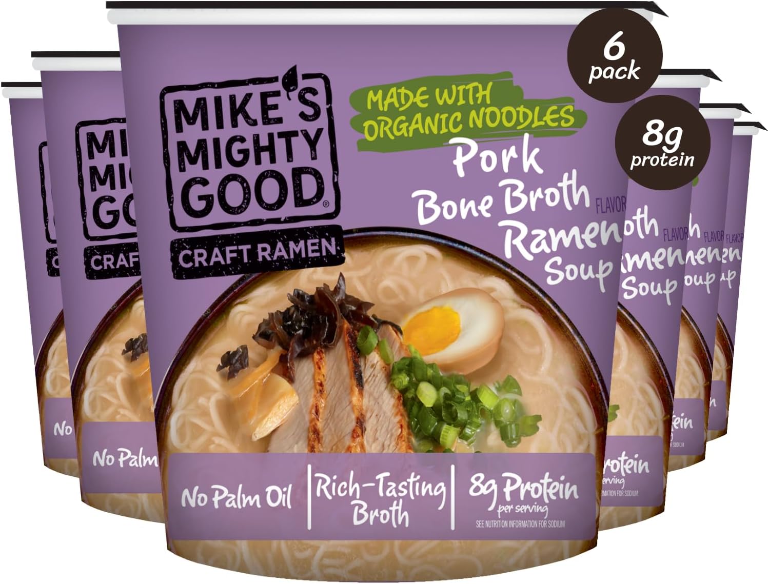 Mike’s Mighty Good Bone Broth Pork Ramen Cup (Pack of 6) – 8g Protein Instant Ramen Noodles – Organic Steamed, Non-GMO - Canola, Vegetable & Palm Oil-Free – Simple Ingredients, Ridiculously Rich Broth