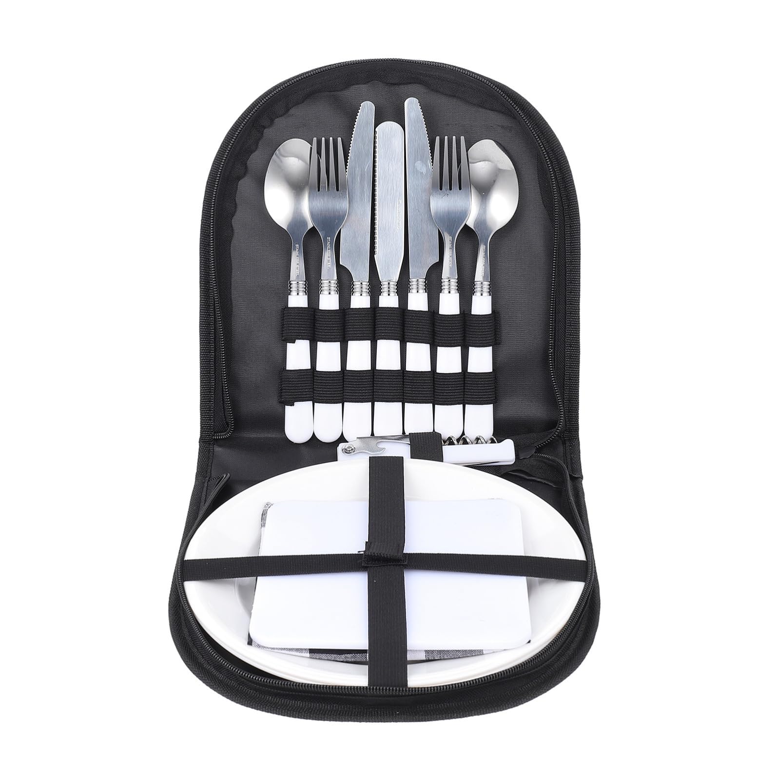 STOBAZA Couverts de Camping Multifonctions en Acier Inoxydable Noir, Kit 4 Personnes, Léger et Portable, Ustensiles Pique-niques pour Randonnée et Activités de Plein Air