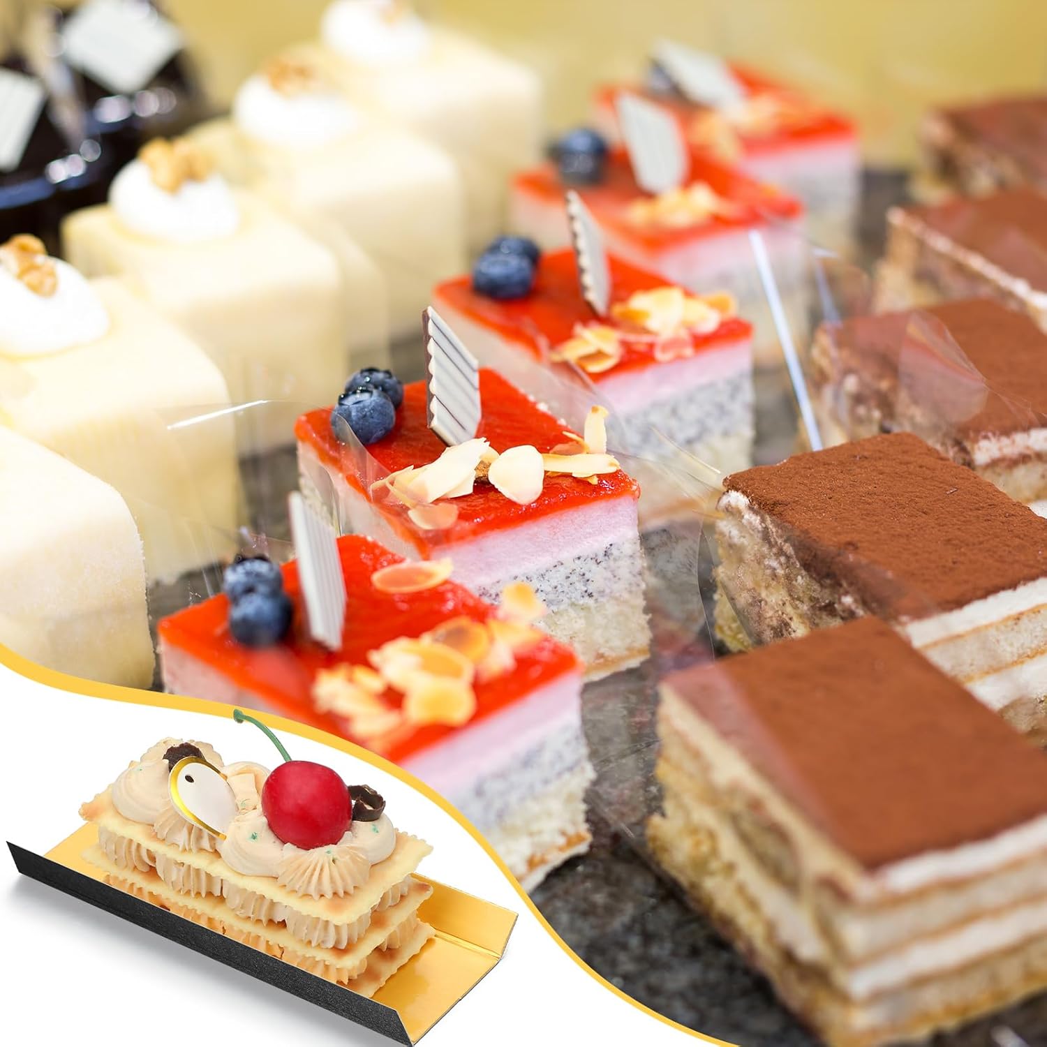 500 Pcs Mini Rectangular Foldable Paper Cardboard Cake Board Plates Bulk Mini Mousse Cake Bases Cardboards for Dessert Pastry Display Trays (Gold,Black)