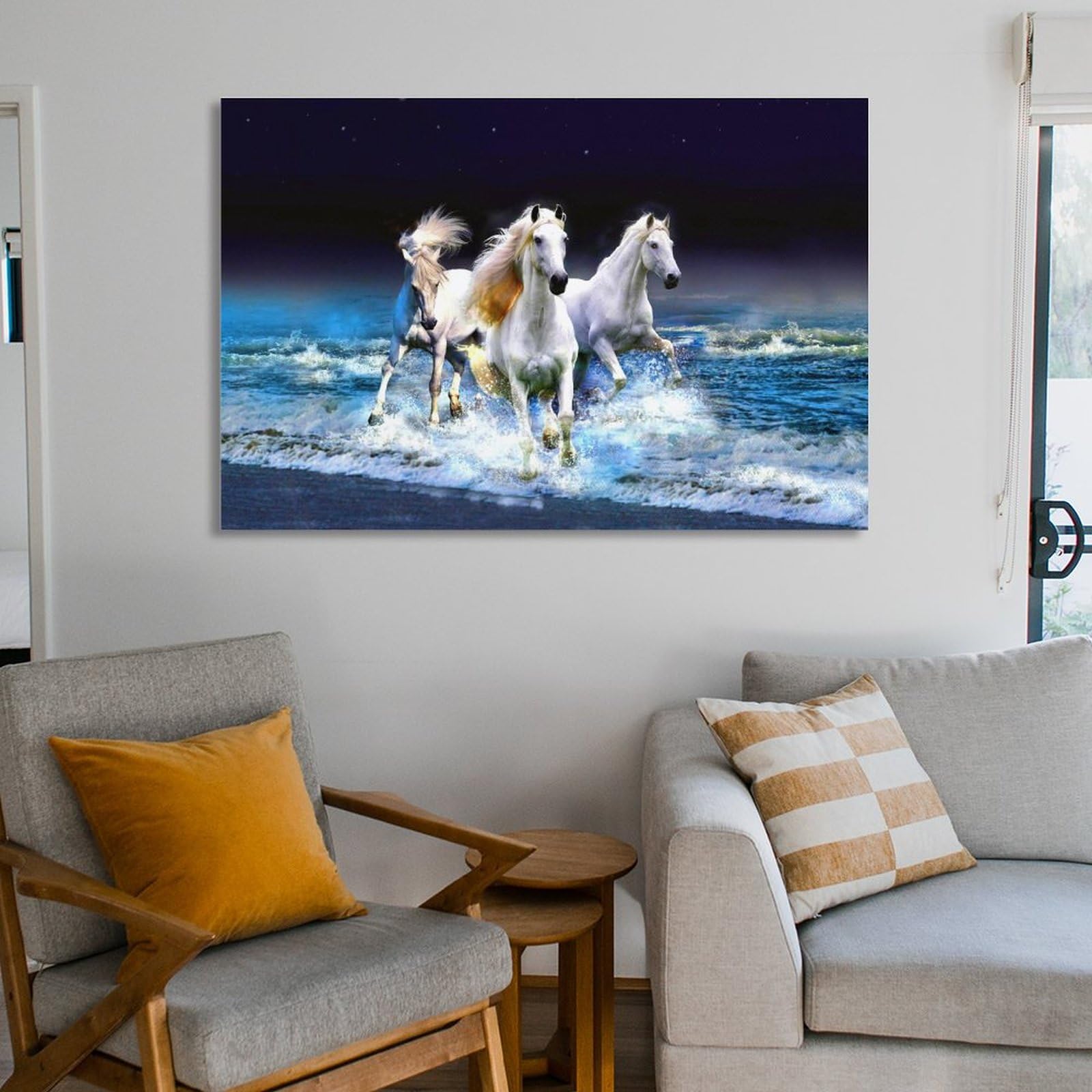 Amazon.co.jp: 絵画 夜の浜辺を走る3頭の白い馬インテリア 絵画 超