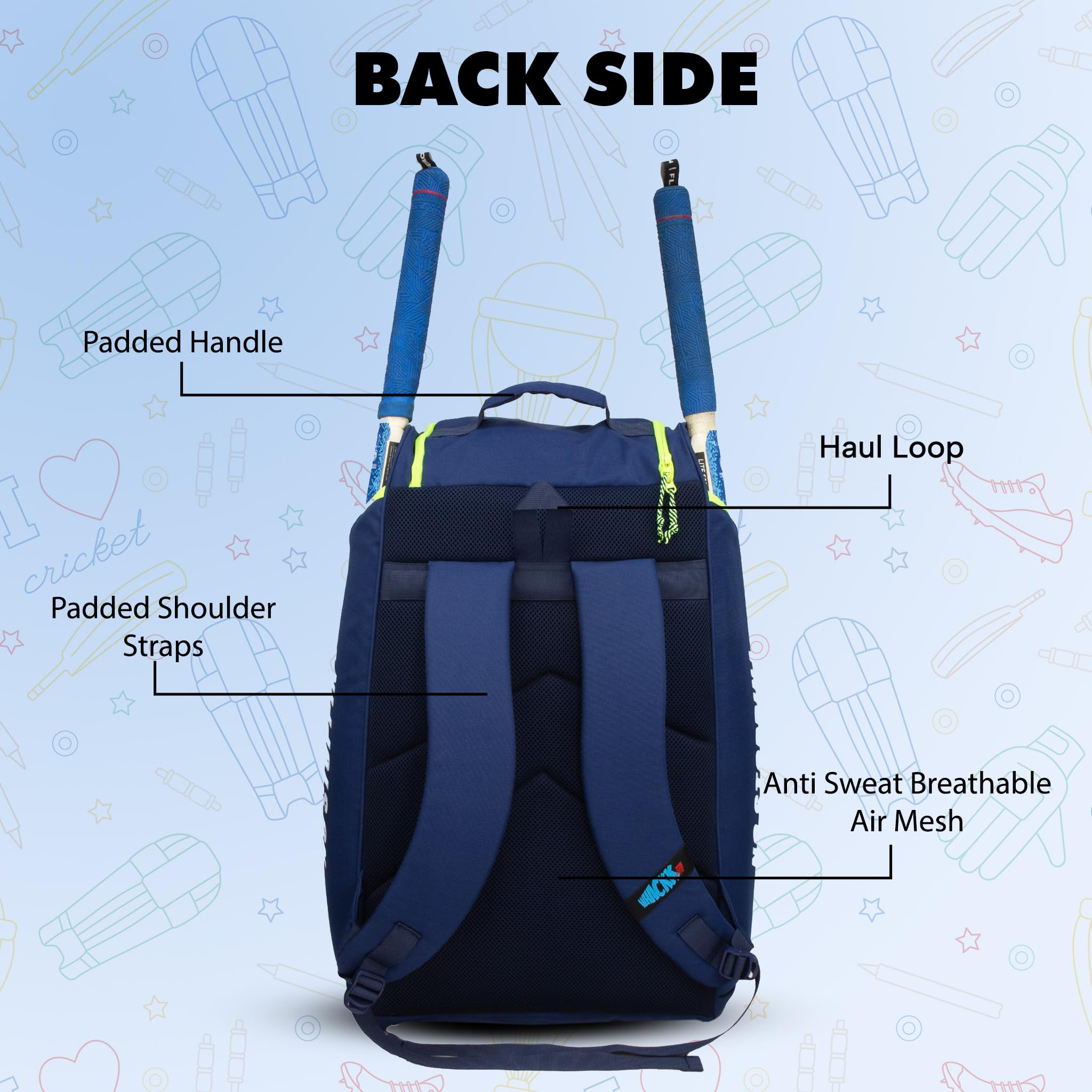 WHACKK Crowe 60L Cricket Kit Bag Navy | Youth Size Backpack Bag with 2 Bat Sleeves, Shoe & Helmet Pocket | Bottle Holder & Easy Access Pocket 1