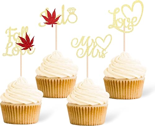 24 piezas de decoración de cupcakes con purpurina de hojas de arce rojas doradas Love I Do para cupcakes con temática de otoño, decoración de