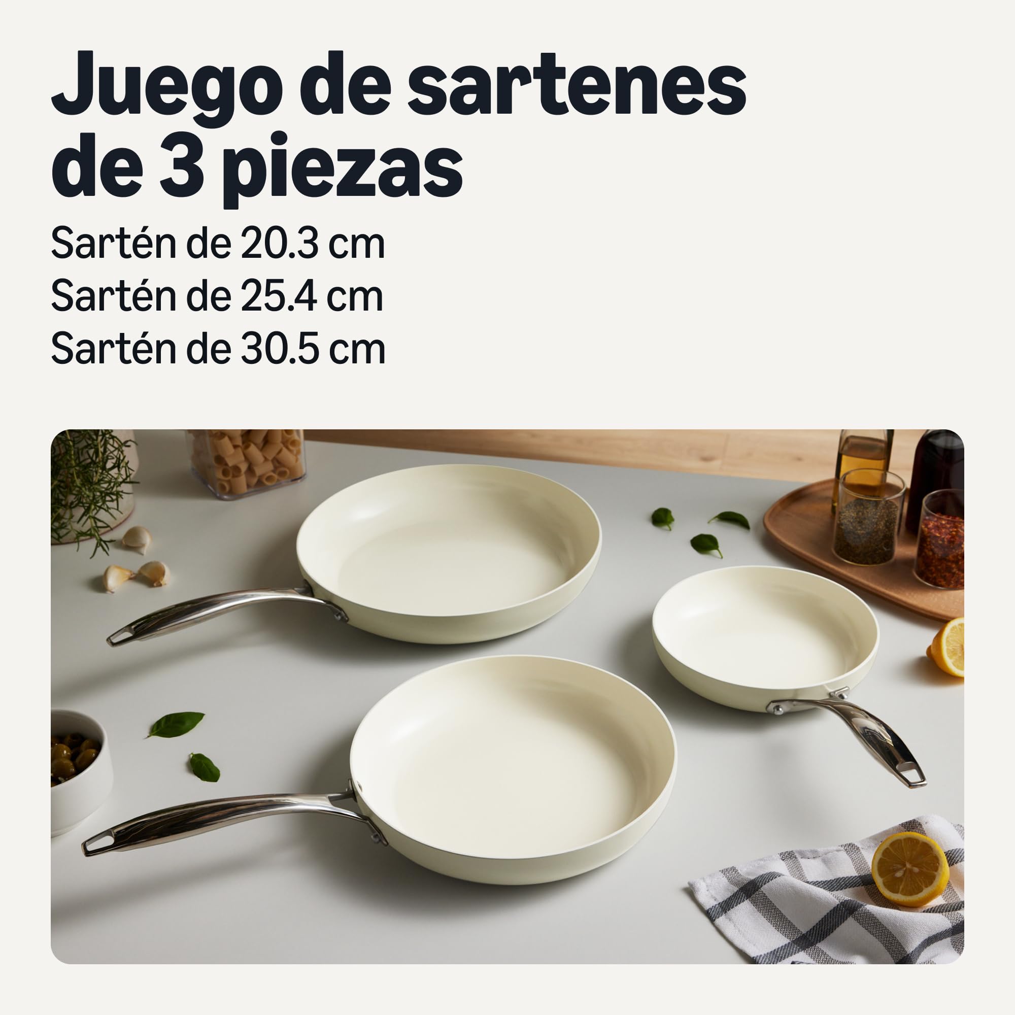 Amazon Basics Batería de Cocina Antiadherente de Cerámica, Juego de 3 Sartenes, Compatibles con Todo Tipo de Fuegos, Aptas para Lavavajillas, Marfil