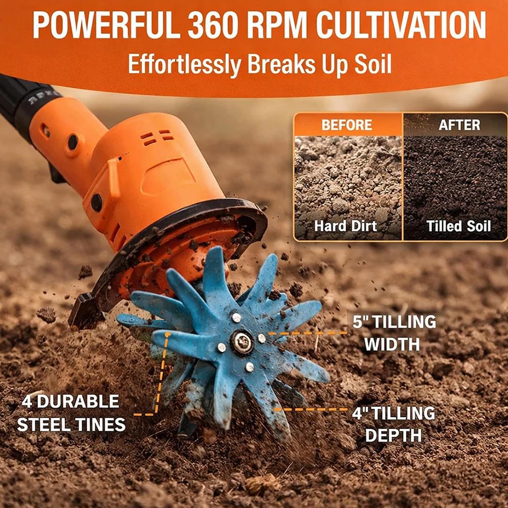 Labrador inalámbrico de 21 V para jardinería, cultivadores eléctricos y cultivadores, rotavador de batería, escarificador de jardín para césped, 360 RPM, ancho de labranza de 5 pulgadas, profundidad