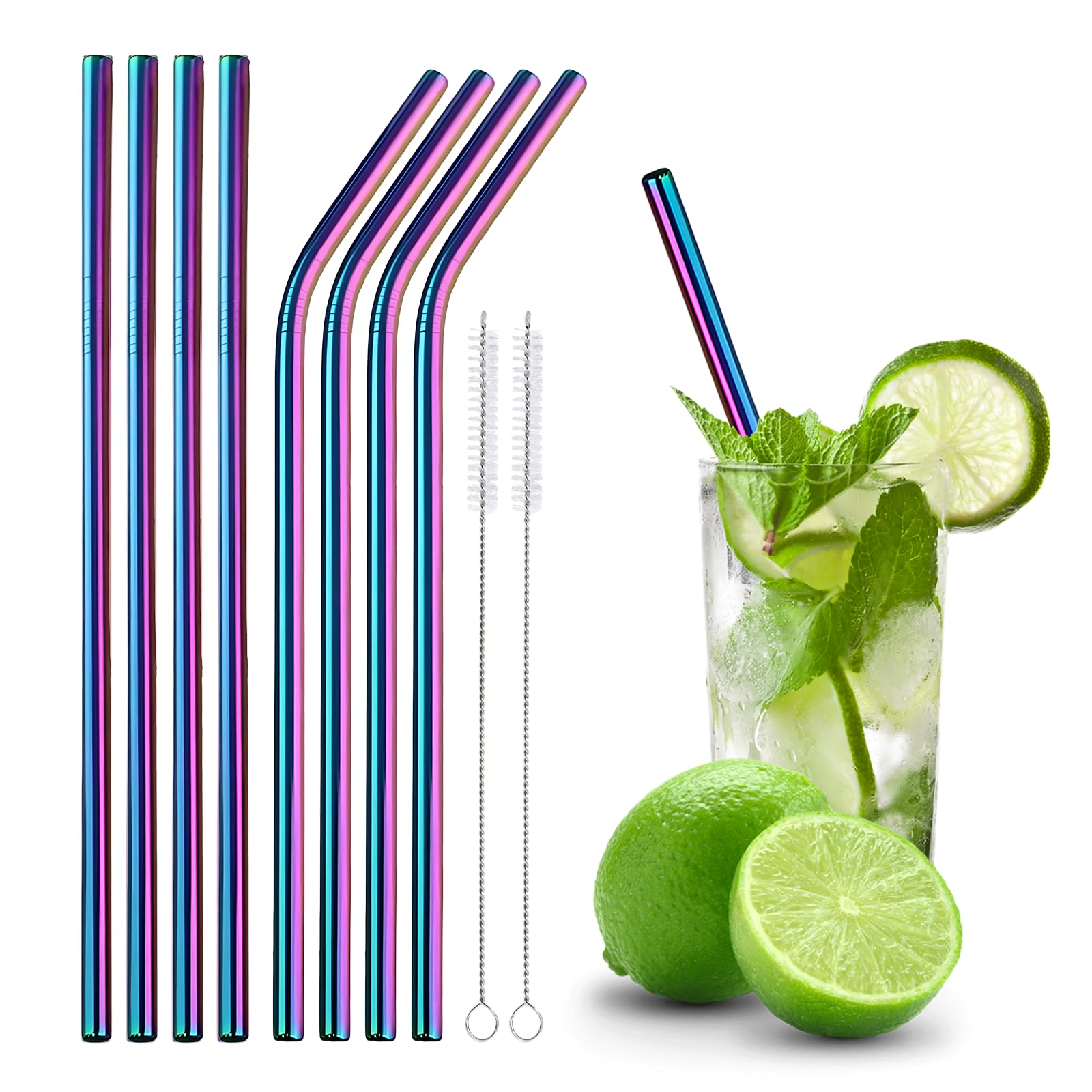 Lavishly Reusable Stainless Steel Metal Straws Set - 4 Straight & 4 Bent Straws + 2 Cleaning Brushes, Rainbow, 8 Pcs Set