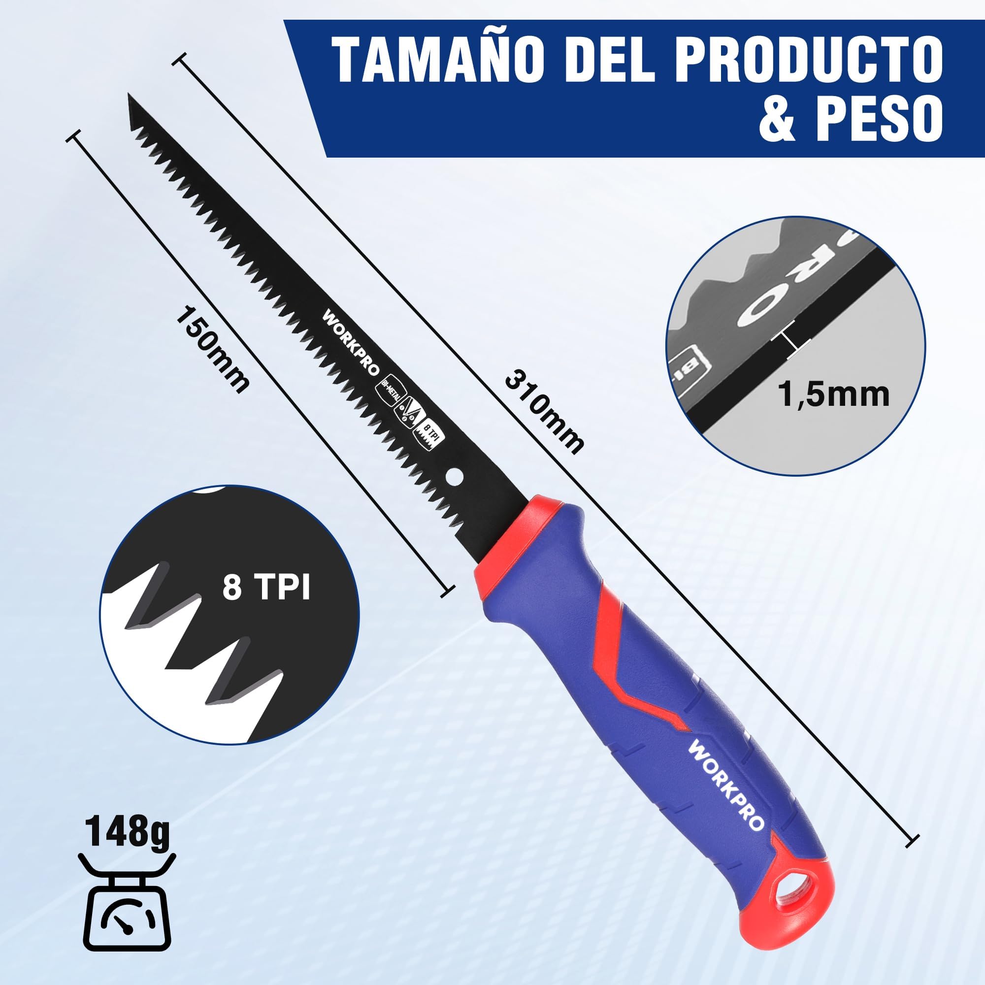 WORKPRO Sierra Bimetálica 310mm, Hoja D6A+M2 de 8 TPI, Agujero de Colgar, Ideal para Cortar Yeso, Madera y PVC, Paneles Finos