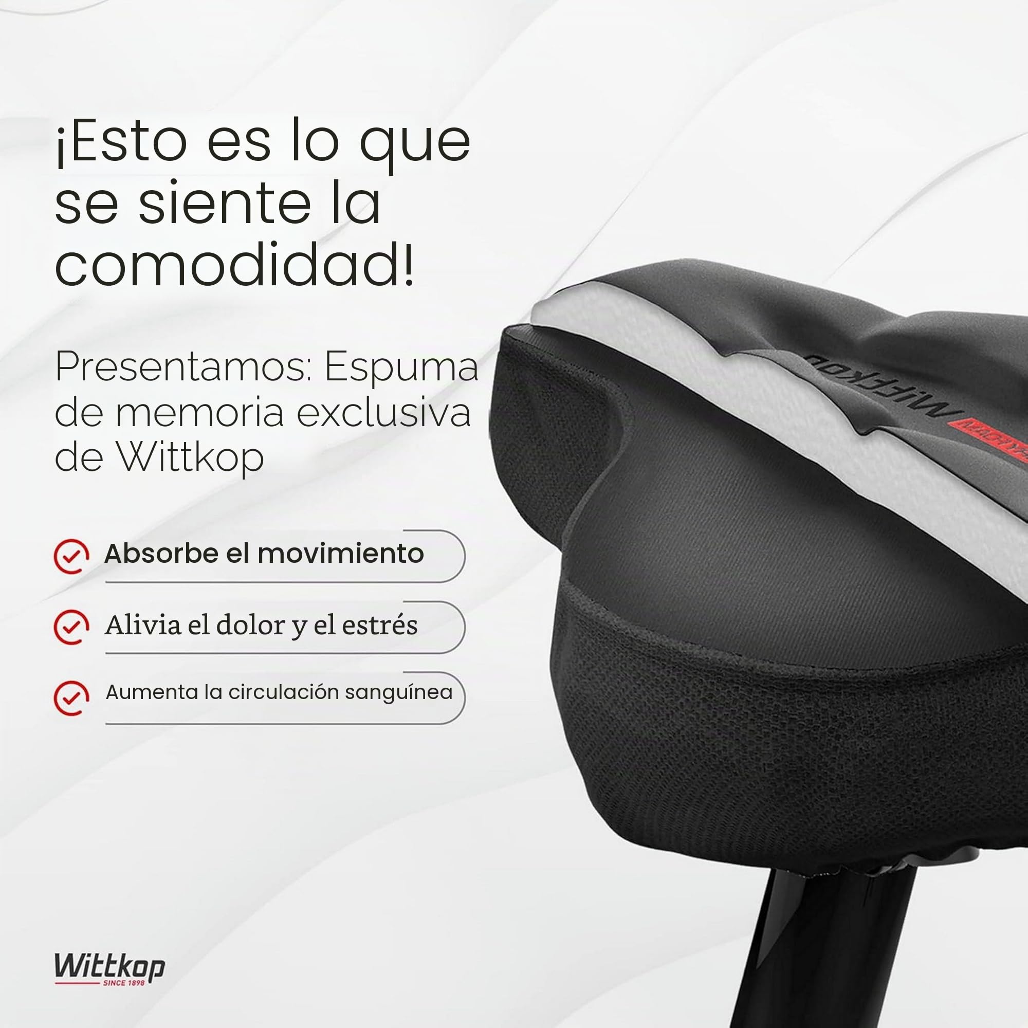 WITTKOP Cojín para asiento de bicicleta con cojín de gel y espuma viscoelástica, funda ergonómica para asiento de bicicleta para hombre y mujer con concepto de 3 zonas, cómoda funda para sillín de