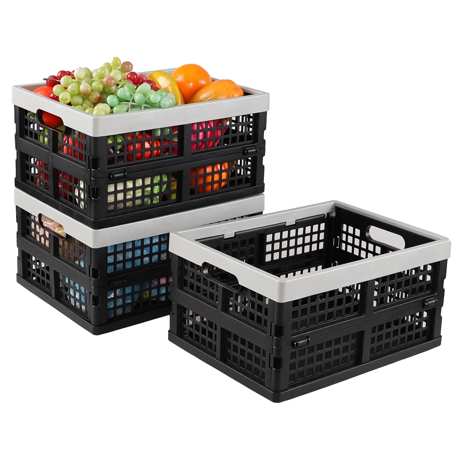 Jekiyo 16 L Folding Organzing Crate Basket, 3 Pack Small Plastic Collapsible Storage Crates, Black+grey