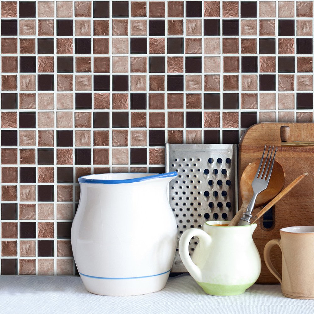 ChezMax 18 PC Set PVC Backsplash Tile Stickers Bathroom Kitchen Peel and Stick Wall Art Decals Brown and Black Checked 3.94" X 3.94"