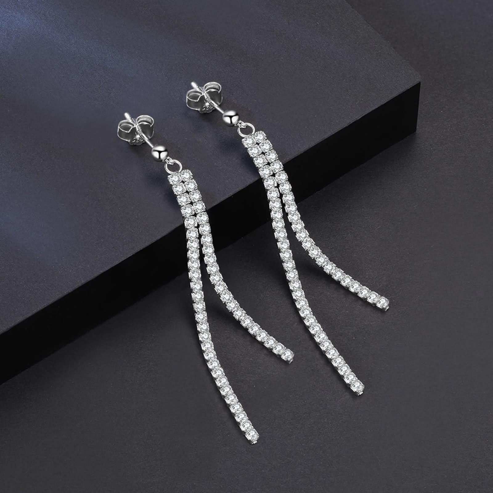 Orecchini pendenti da donna, in argento Sterling con doppia linea di zirconi
