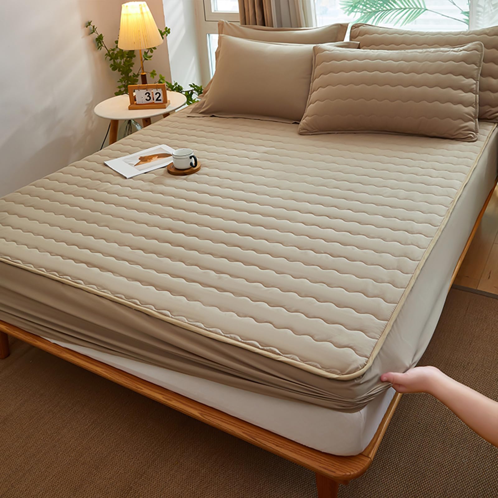Spannbettlaken 200x220 Khaki Baumwolle Großes Doppelbett