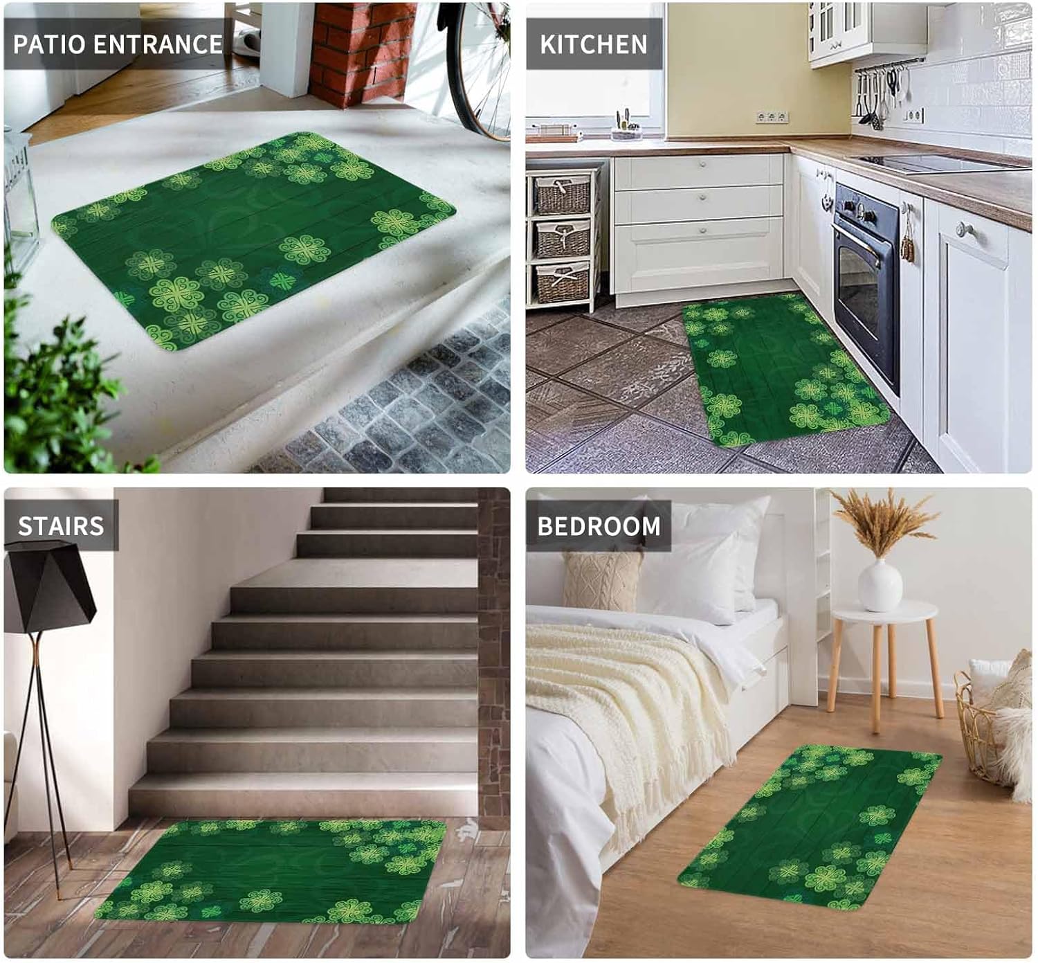 St. Patrick's Day Door Mat Green Shamrock Welcome Mat Non Slip Rubber Clover Wood Grain Entryway Front Rug Floor Mat for Indoor Outdoor Kitchen Spring Holiday Home Decor 16x24 Inch