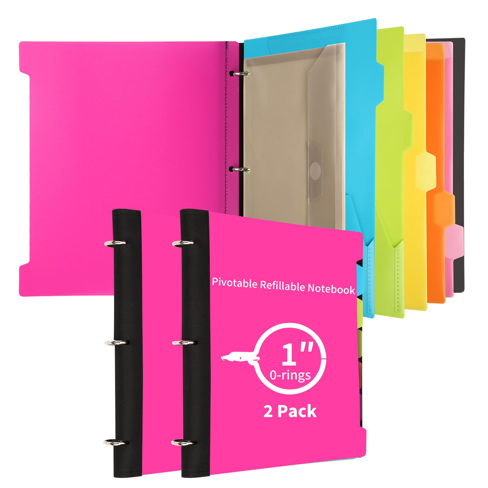 2 Pcs Pivotable Refillable Notebook, 3 Ring Binder Notebooks 1 Inch, Notebook with Dividers and Pockets, Folder Notebook, Flexible Binder, Soft Binders 3 Ring, Foldable Binder- Pink