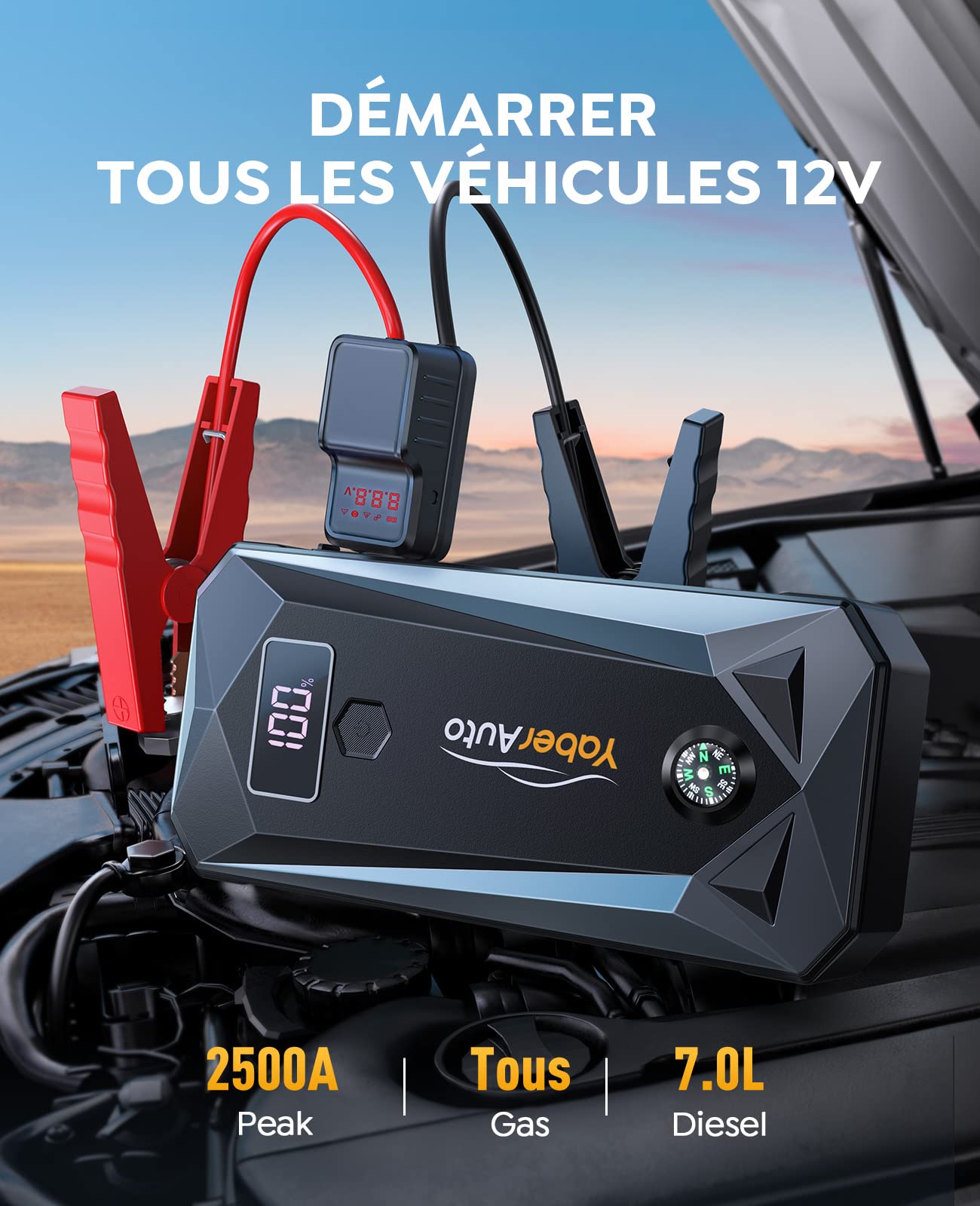 YaberAuto Arrancador de Coches,21800mAh 2500A Arrancador de Baterias de Coche (para Todo Gasolina o 7,0L Diesel),con Dos Salidas USB,Linterna LED