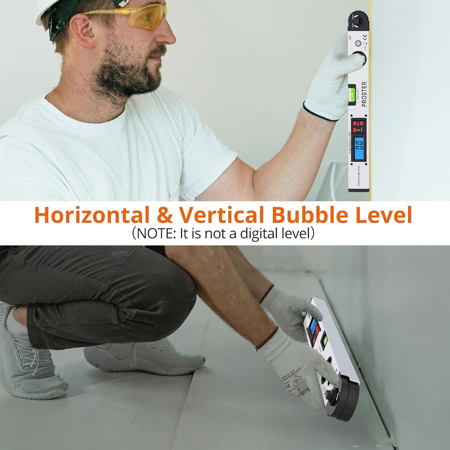 A person using the Proster Digital Angle Finder to check the vertical level of a wall using the integrated bubble level.