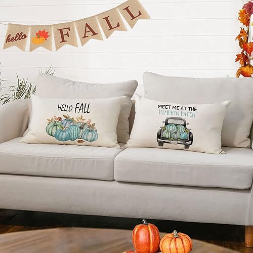 Miniatura 2 de Juego de 4 fundas de almohada de otoño de 12 x 20 pulgadas, fundas de almohada de Acción de Gracias, calabazas azules otoñales, fundas decorativas