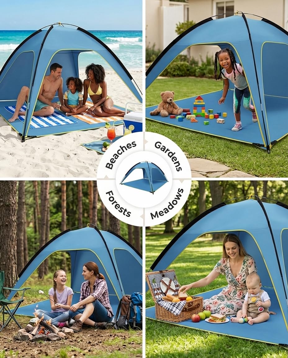 MYMULIKE Tenda da spiaggia UV50+, protezione solare, 210 x 210 x 130 cm, 4-6 persone, poliestere 190T con aste in fibra di vetro da 8 mm, portatile, con sacchi di sabbia/picchetti, per spiaggia