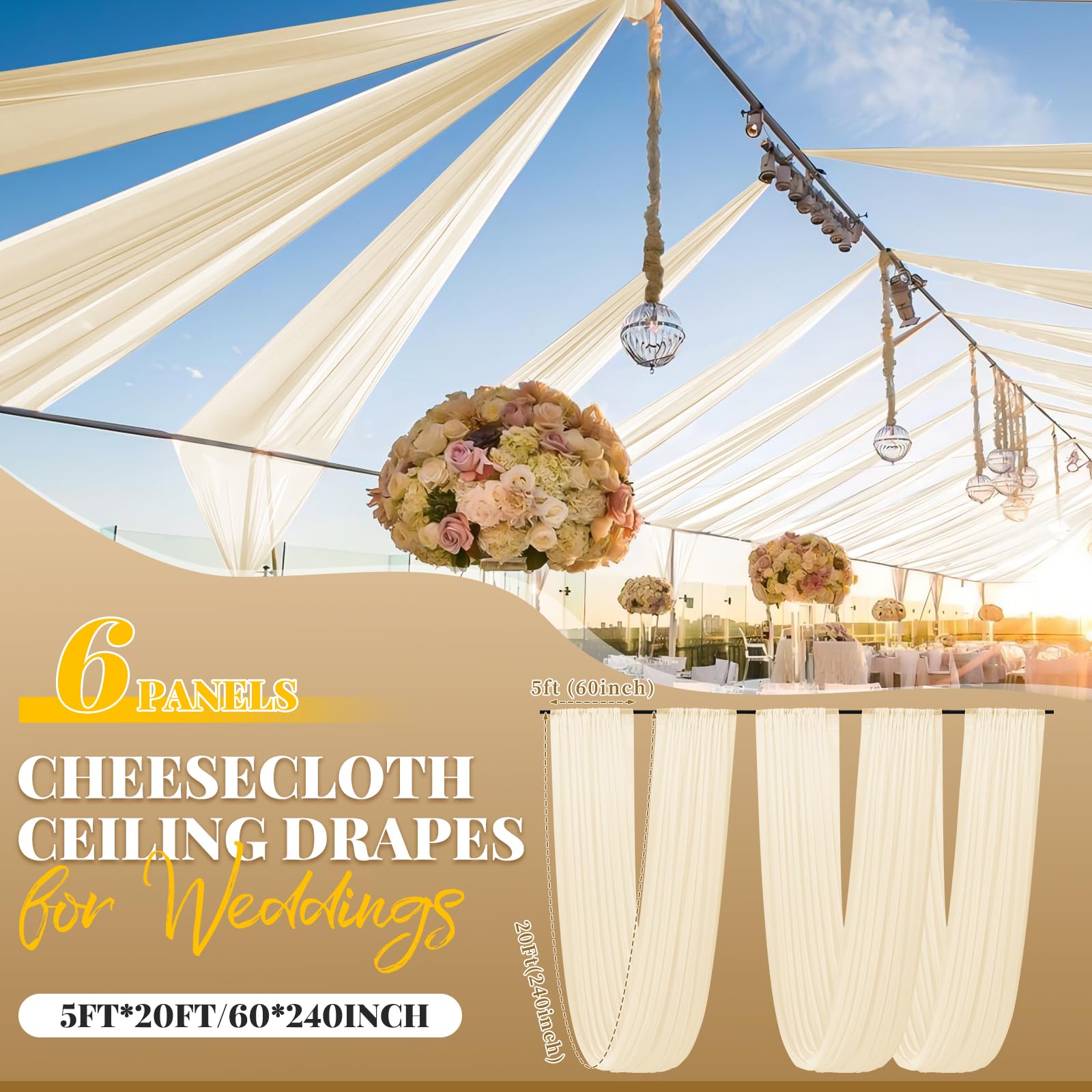 6 pannelli avorio tende da soffitto per matrimoni, garza tessuto velato per drappeggi, tende da soffitto per matrimoni, lampadari, decorazioni da appendere, ad arco di palcoscenico, drappeggio, eventi