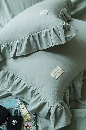 Miniatura 6 de Juego de ropa de cama vintage de algodón lavado a la piedra de 4 piezas para niñas, funda de edredón con volantes de princesa, fundas de almohada,