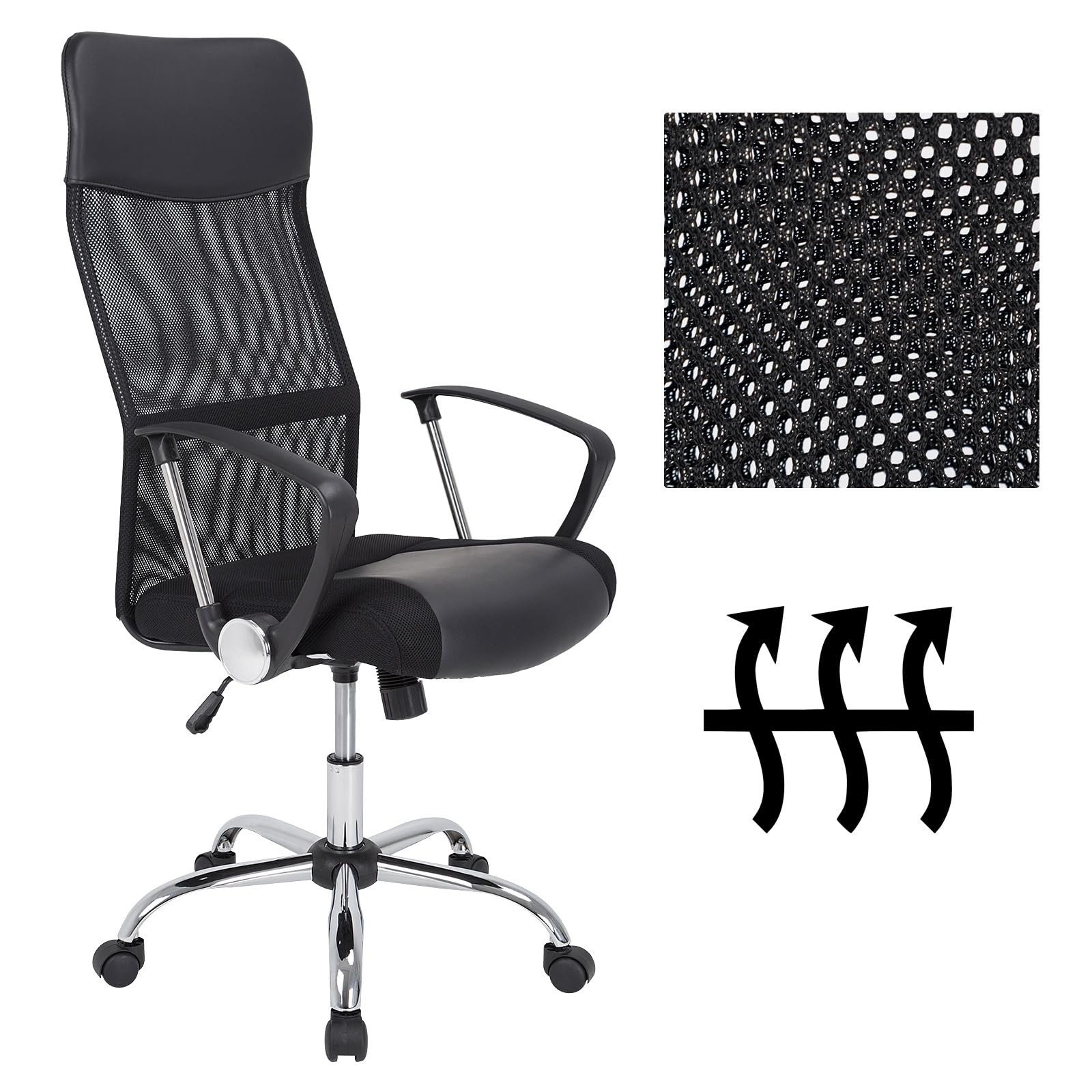 Casaria ergonomischer Bürostuhl höhenverstellbar Schwarz | 360° drehbar, Lenden- und Kopfstütze, Härtegradeinstellung, Schreibtisch, Lenden- und Kopfstütze, Wippfunktion, Mesh