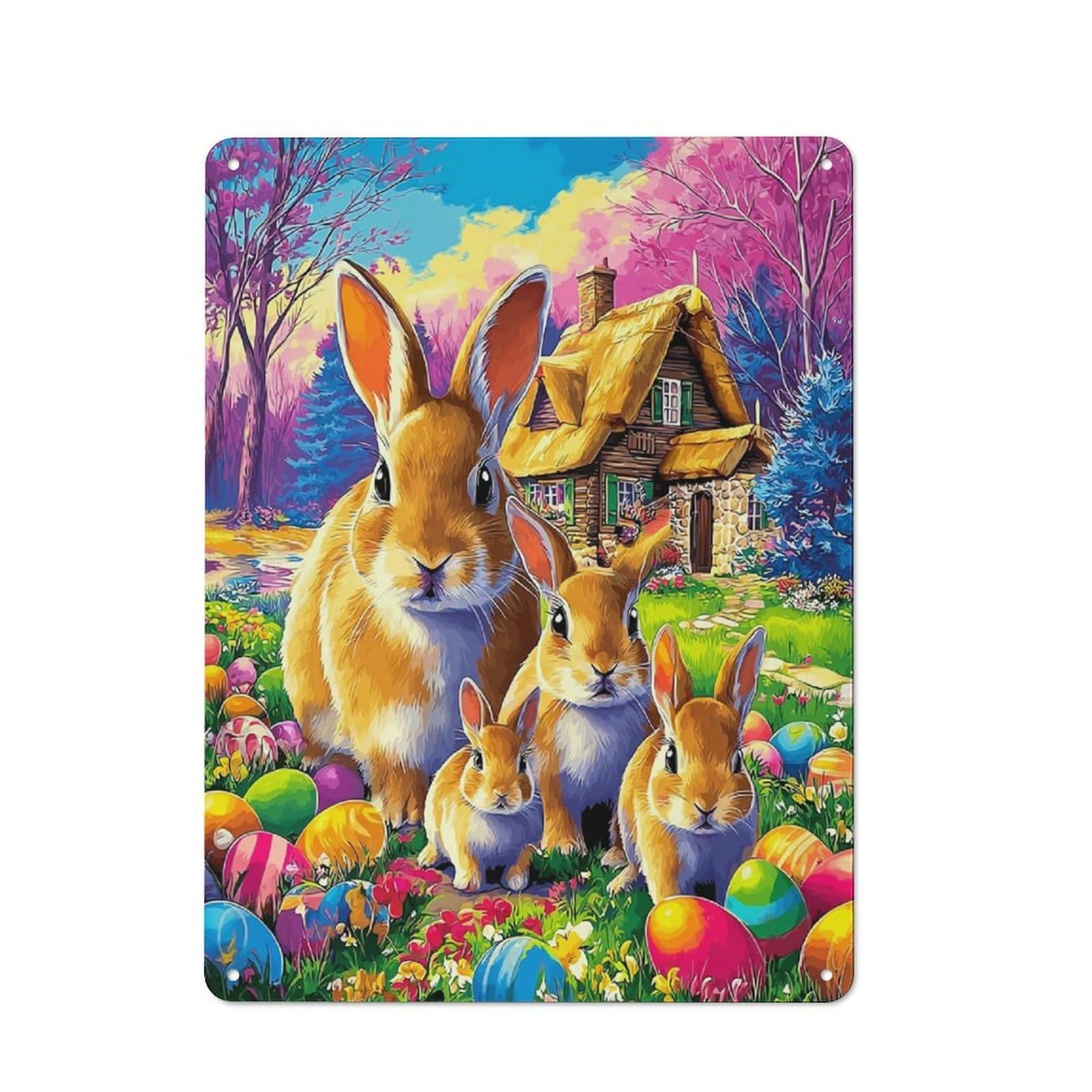 Junmoney Easter Bunny Family Scene-3 Decorative Metal Sign 40X30cm, Creative Studio Wall Plaque For Hobby Room, Office, Lounge Or Living Room