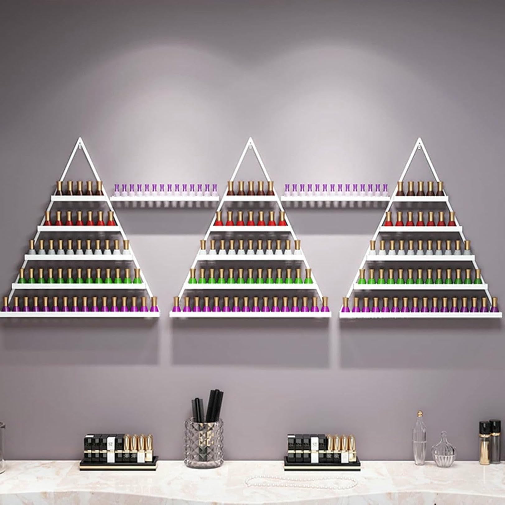 Estante metálico de Pared para Guardar esmaltes de uñas, Vitrina Triangular para esmaltes de uñas y cosméticos, Vitrina espaciosa para cosméticos, Ideal para Salones de manicura y Tiendas mi