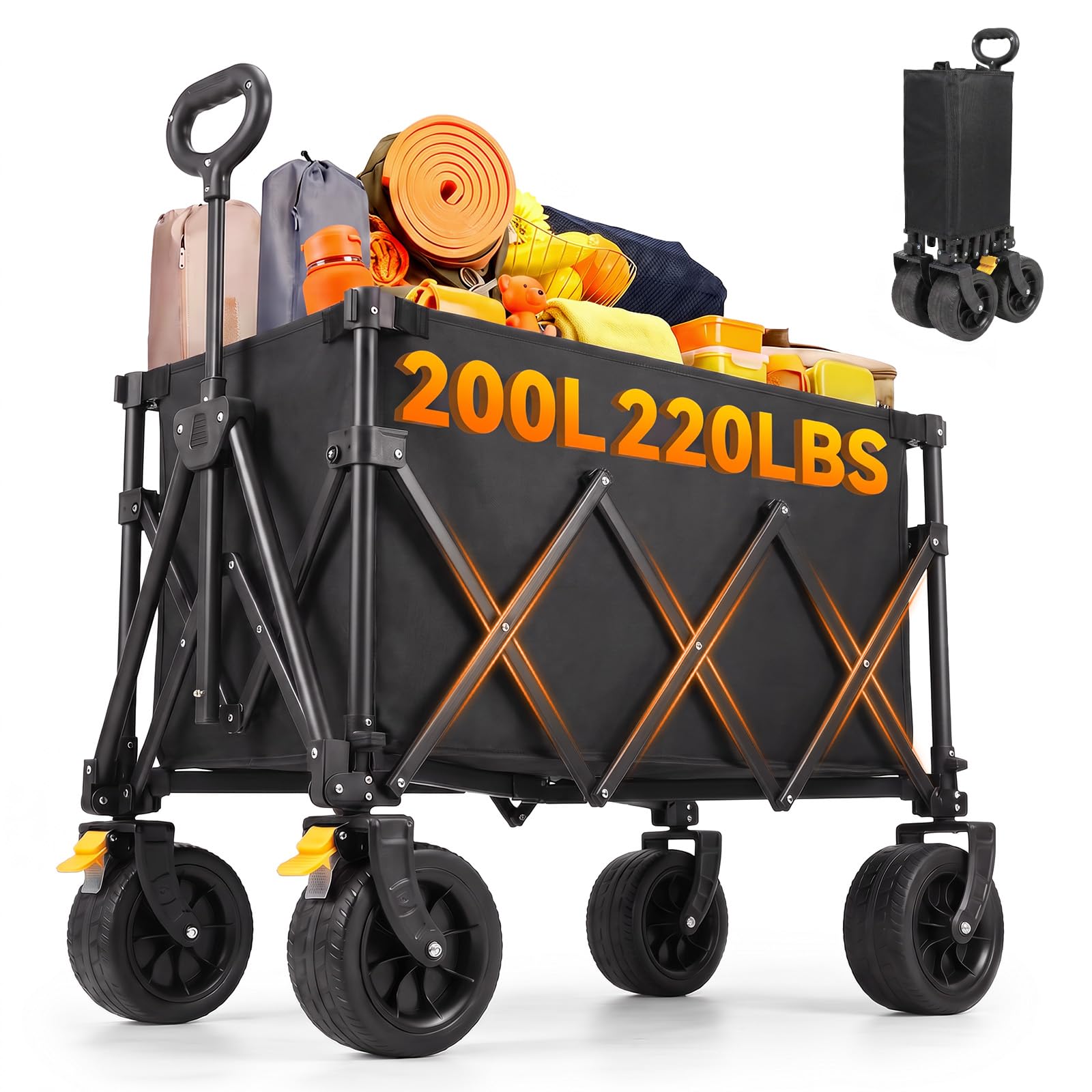 Collapsible Folding Wagon Cart, 220 LBS Heavy Duty Utility Beach Wagon with Adjustable Pull Handle, Compact Foldable Storage Cart for Beach, Camping, Grocery Shopping, Picnic & Outdoor Travel