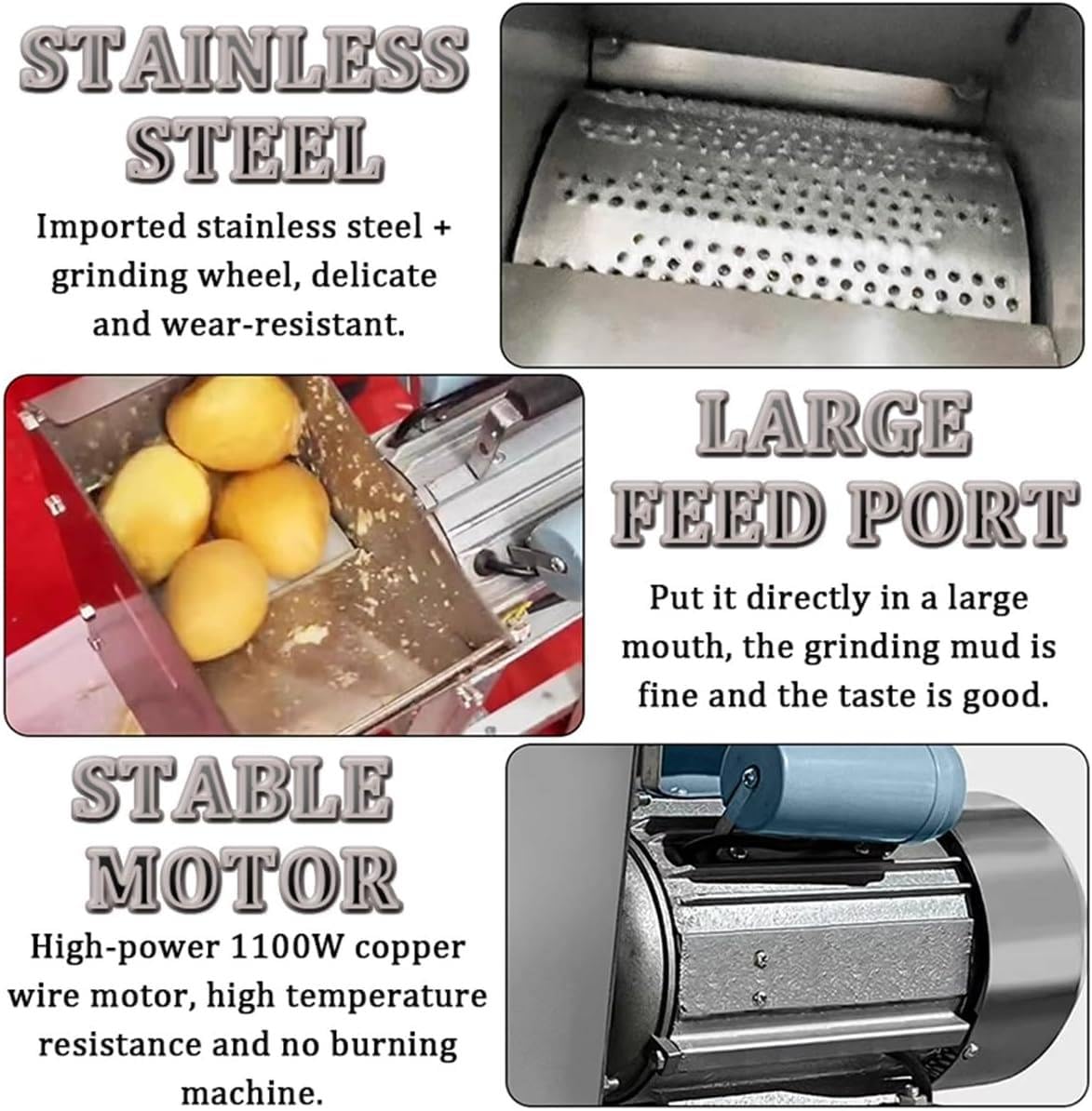 Professioneller elektrischer Kartoffelstampfer, 1100 W Kartoffelstampfer aus Edelstahl, Präzisionsmahlwelle und -Getriebe, Produktionseffizienz 100–200 kg/Stunde, für Knoblauch, Tomaten