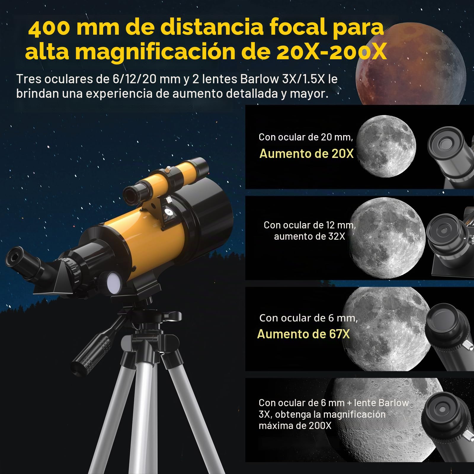 Telescopio 70 MM, Apertura 400 MM (20X-200X), Telescopio Astronómico Refractor, Alta Transmisión FMC, Trípode, Adaptador de Teléfono, Remoto, Regalos de Astronomía para Niños Adultos Principiantes