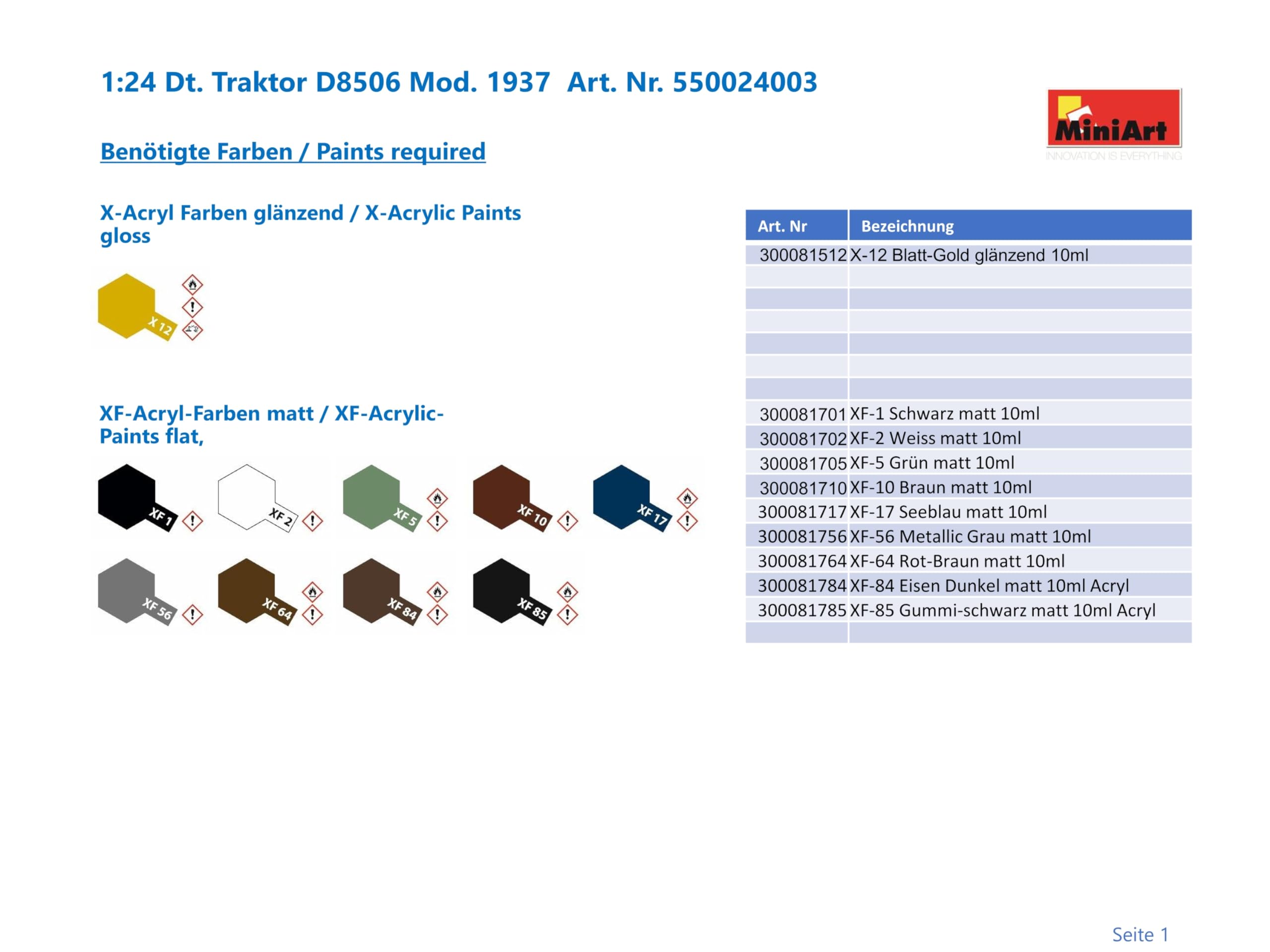MiniArt 24003 1:24 Dt. Traktor D8506 Mod. 1937 - originalgetreue Nachbildung, Modellbau, Plastik Bausatz, Basteln, Hobby, Kleben, Modellbausatz, Zusammenbauen, unlackiert