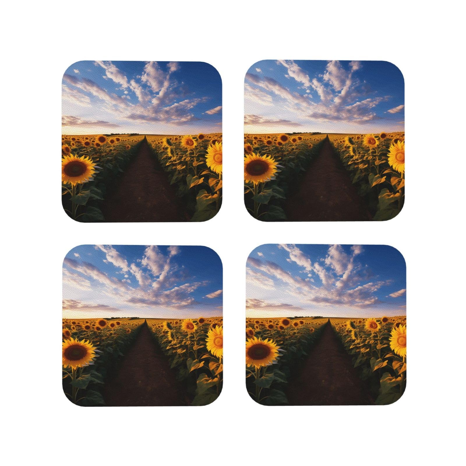 4pcs Drink Coasters for Tabletop Protection, 4" Leather Coasters for Drinks, Field of Blooming Sunflowers Cup Coasters for Coffee Table Decor, Non-Slip Drinking Cup Mat for Hot Or Cold Drink