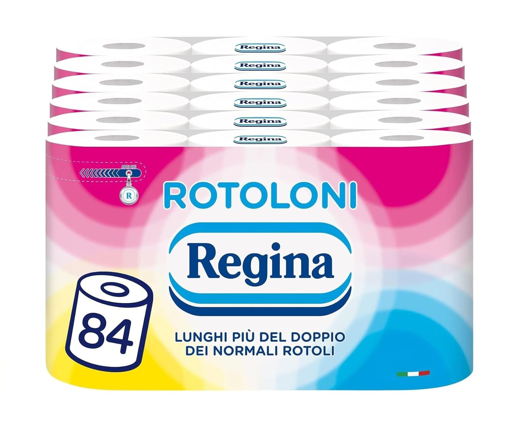 Rotoloni Regina - 84 Maxi Rotoli di Carta Igienica, 500 Fogli a 2 Veli, Lunghi Più del Doppio dei Normali Rotoli, Confezione 50% in Plastica Riciclata, Carta 100% Certificata FSC
